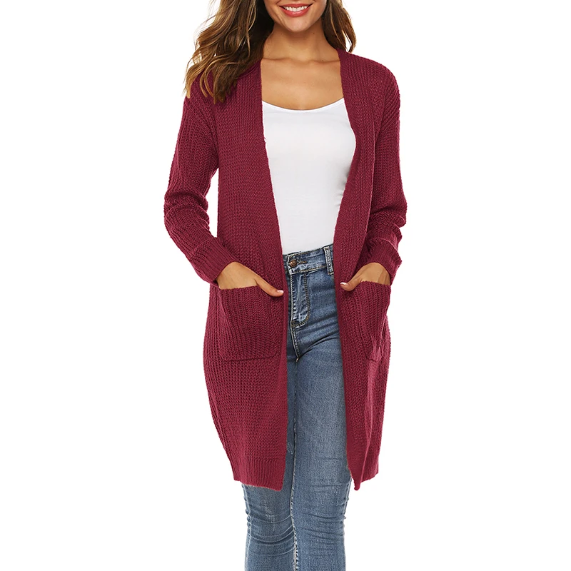 

Women Knit Long Cardigan Coat Casual Long Sleeve Thin Solid Color Cardigan Sweater Jacket Female Loose Pocket Knit Cardigan