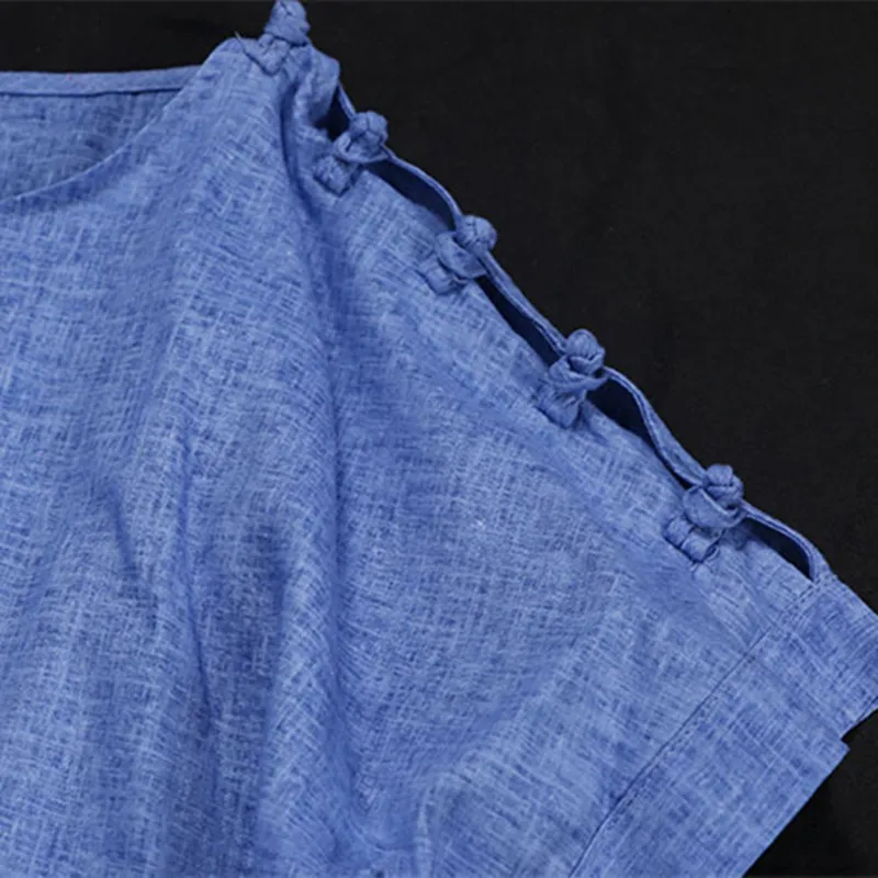 Chinese Style Cotton Linen Tops Casual Tshirt Retro Button Short Sleeve Summer National Loose Solid Color Loose T-Shirt Blue