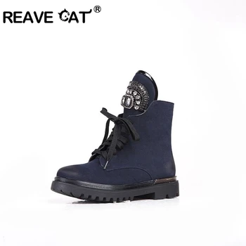 

REAVE CAT Girls Snow Boots Warm Plush fur Diamond Round Toe High Platform Flock Lace Up Anti slip Diamend Size 25-38 Green Blue