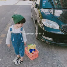 Весенние модные однотонные джинсовые комбинезоны для мальчиков модные Универсальные свободные джинсы в Корейском стиле для девочек детские брюки на подтяжках