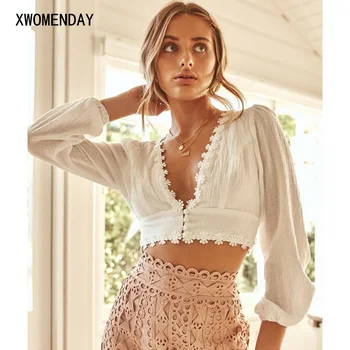 

White Simple Sexy Deep V Neck Flower Lace Crop Top Women Long Sleeve Spring Casual T Shirt Female Elegant Wild Tops 2020 New