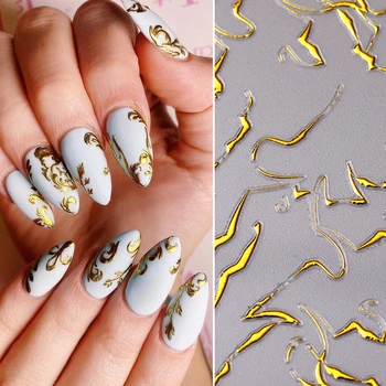 

Gold Silver Nail Art Sticker Floral Flower 3D Design Decal Slider Stripe Wave Line Geometric Paper Nail Tip Decoration