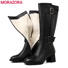 MORAZORA/Большие размеры 35-43; сапоги из натуральной кожи; Натуральная овечья шерсть; зимние сапоги; женские теплые зимние сапоги до колена на высоком квадратном каблуке