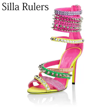 

2020 Runway Rivet Cross Tied High Heels Gladiator Shoes Woman Mixed Color Rhinestone Punk Sandals Woman Ankle Strap Party Shoes