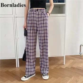 

Bornladies Chic Geometric Women Casual 2020 Hot High Waist Full Length Pants Soft Large Size Plaid Loose Straight Trousers