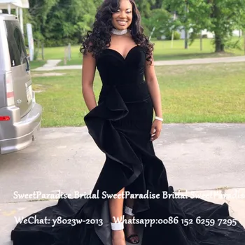

Black Velvet Mermaid Evening Dress 2020 Women Formal Long Chapel Train Ruffles Side Split Prom Dresses Robe De Soiree