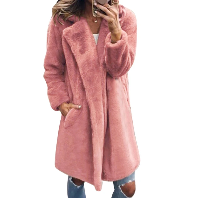 pink Женское пальто из искусственного меха, куртка, пальто, осенне-зимнее пальто, женская длинная однотонная уличная одежда, женская верхняя одежда из искусственного меха, Chaqueta Mujer - Цвет: pink