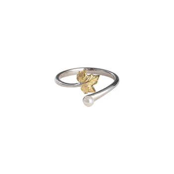 

Hemiston 925 Sterling Silver Gold Maple Leaf Pearl Ring Leaf Design Ring For Women Gift