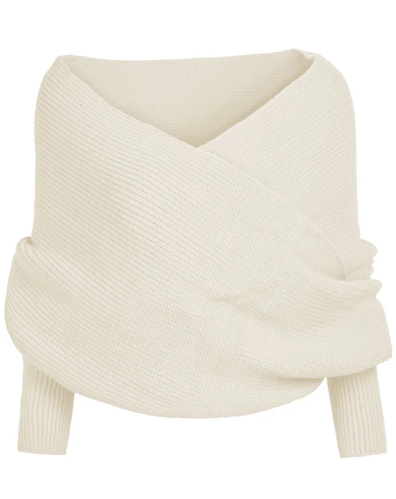 Сплошной цвет v-образный вырез воротник с открытыми плечами вязаный сексуальный пуловер женский свитер для путешествий небольшой жилет шарф свитер - Цвет: 1