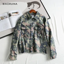 BIAORUINA женская джинсовая куртка в стиле милитари с принтом, пальто, женская однобортная Свободная куртка с отложным воротником