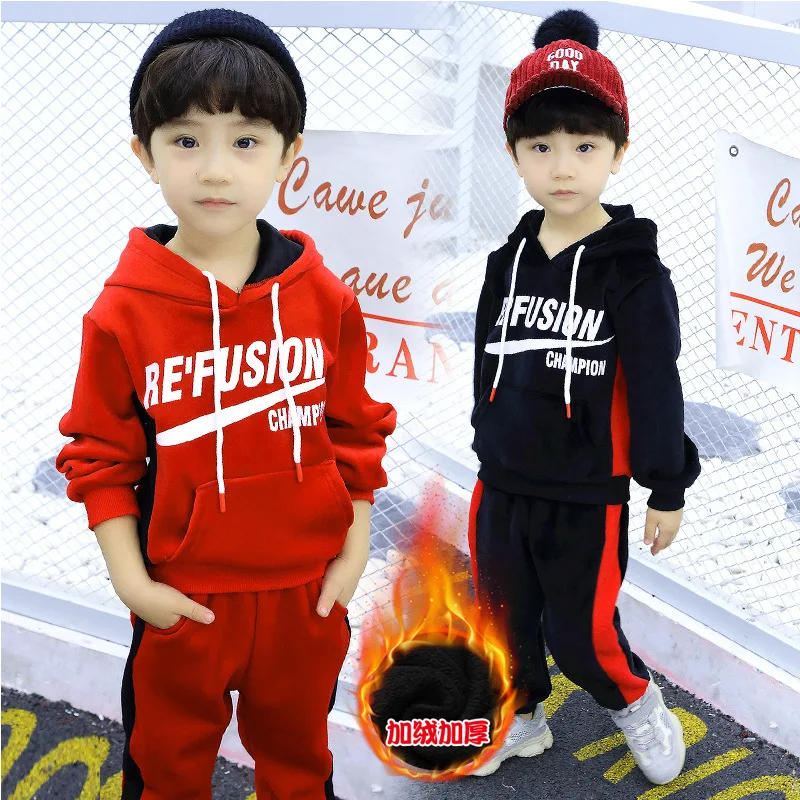 

Childrenswear 2018 Winter New Style BOY'S Suit Brushed And Thick Hoodie Trousers Two-Piece Set Children Fashion