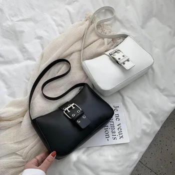 

Leather Buckle Design Armpit Black Baguette Bag Female 2020 Early Spring New Style All-match Messenger Bag Fashion