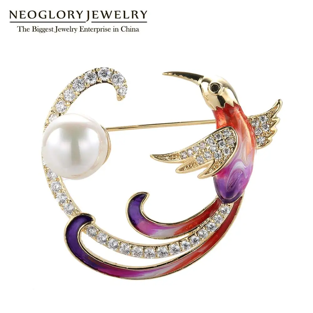 Neoglory Cute Phoenix Bird Brooches Animal Cubic Zircon Enamel Pearl Jewelry For Women High Quality Gift For Mother's Day