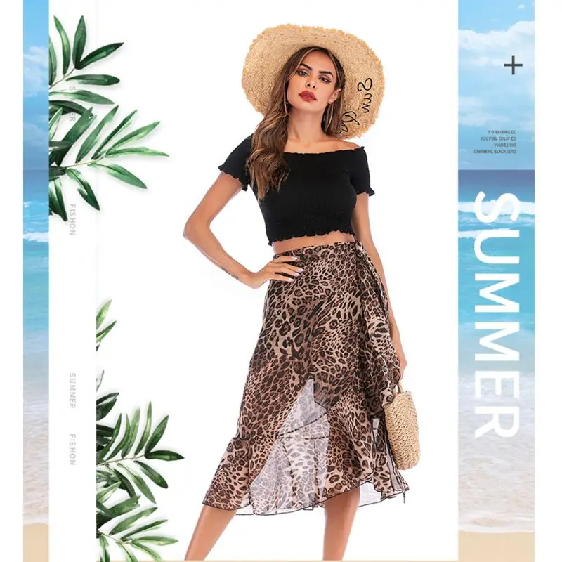 

Women Summer Layered Chiffon Leopard Asymmetric Midi Skirt Ruffles A-Line Self-Tie Bandage High Waist Party Beachwear