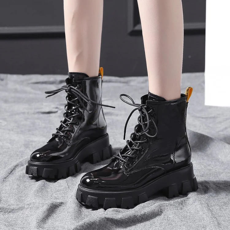Women Motorcycle Ankle Boots Wedges Punk Boots Female Lace Up Platforms Winter Boots Patent Leather Ankle Boots For Women Shoes