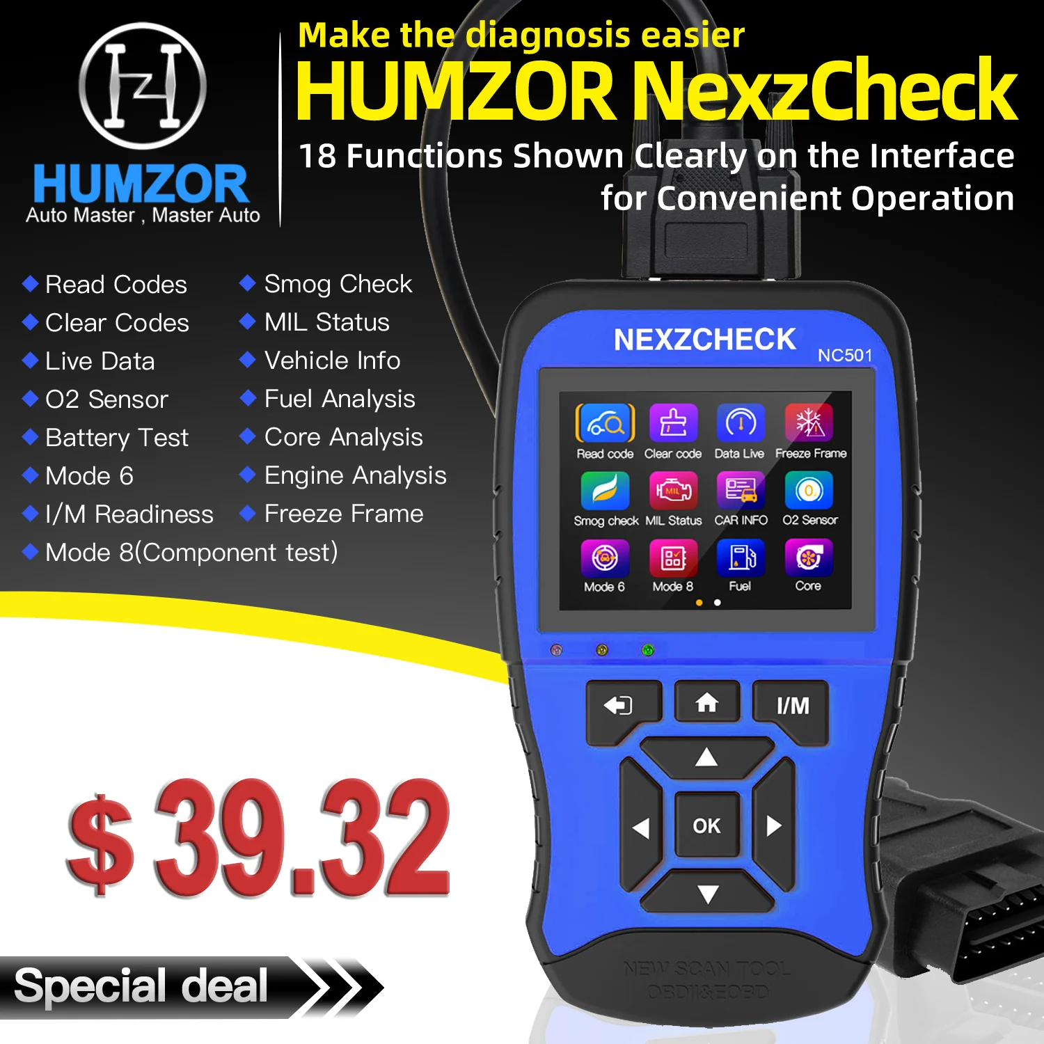 

HUMZOR NexzCheck OBD2 & EOBD Automotive Scanner NC501 Engine Code Reader OBD2 Diagnostic Tool For Universal Cars PK NT301 CR3008