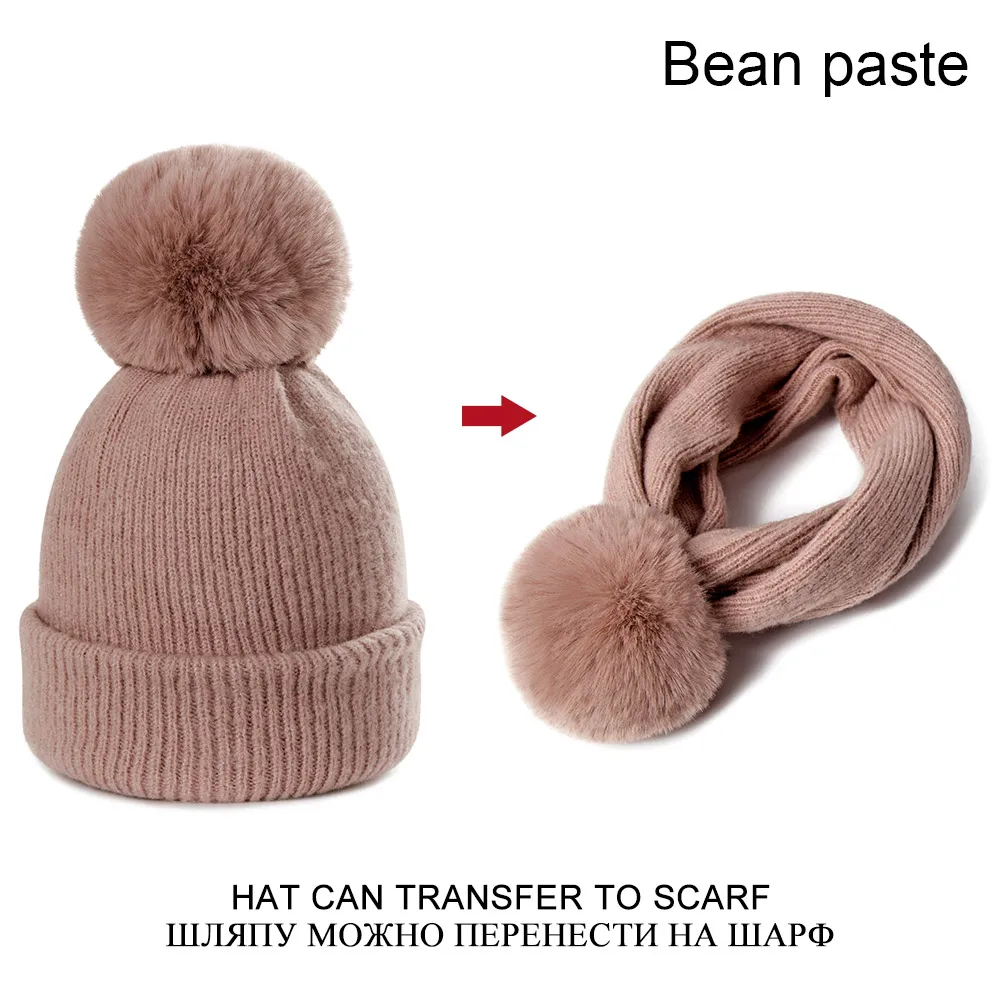 Брендовая зимняя вязаная женская шапка-бини, 1 шт. шарф двойного назначения, Толстая теплая шапка Skullies, женская вязаная шапка, шапка бини, шапка женская - Цвет: bean paste