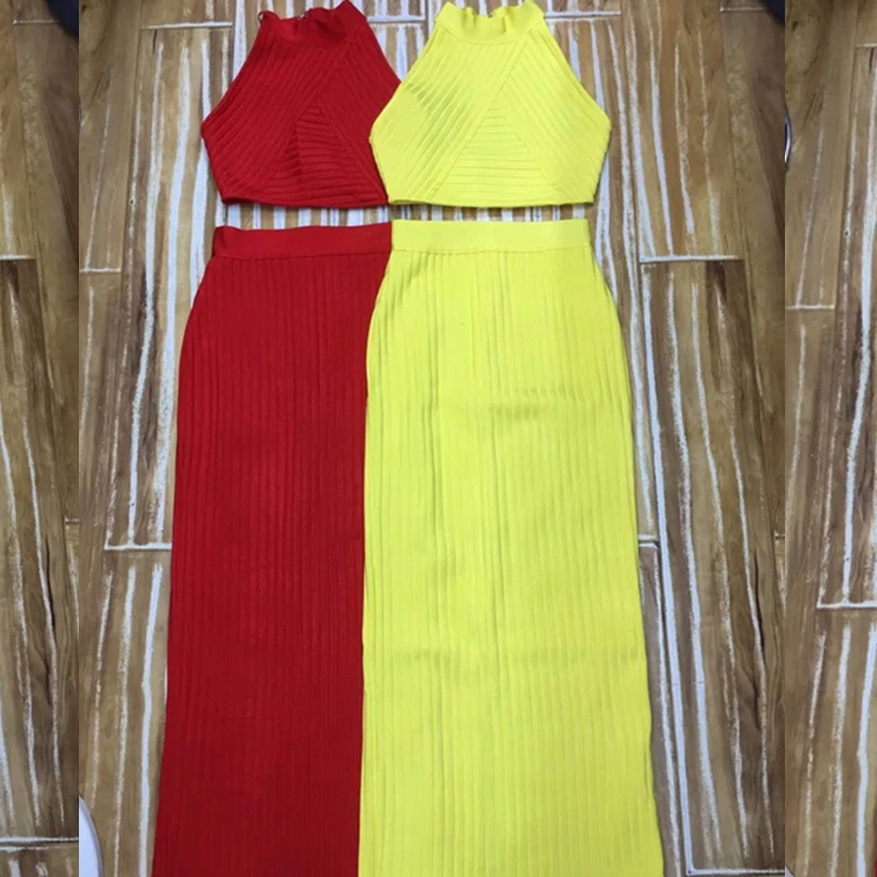 Новинка, красное, желтое Бандажное платье, Vestidos, сексуальное, с открытой спиной, комплект из двух частей, Холтер, для женщин, без рукавов, вечерние платья