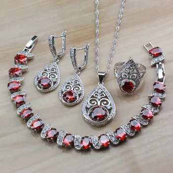 

Red Garnet Crystal Bridal Wedding Jewelry Sets Silver Color Women Costume Dangle Earrings/Bracelet And Ring Sets