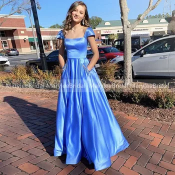 

Cap Sleeves Long Formal Prom Dresses With Pockets Sky Blue Satin Princess Ball Gown Prom Dresses 8th Grade Sweet 16 Dresses