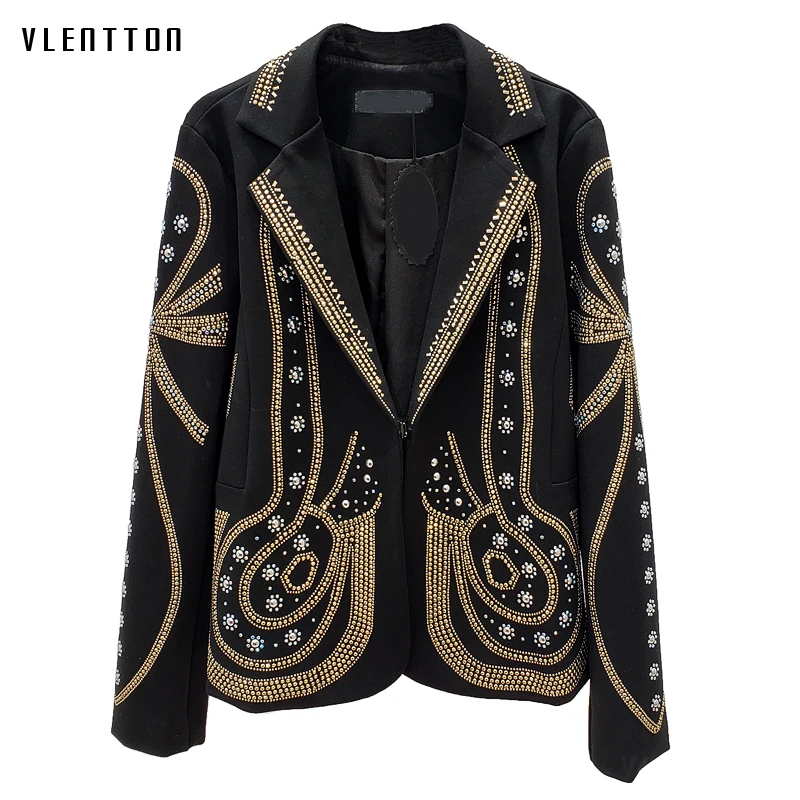 

High quality Autumn Hot Heavy Metal Rivet Diamonds Jacket Blazer Women Short Suit Coat Female Black Office Lady Blazers Feminino