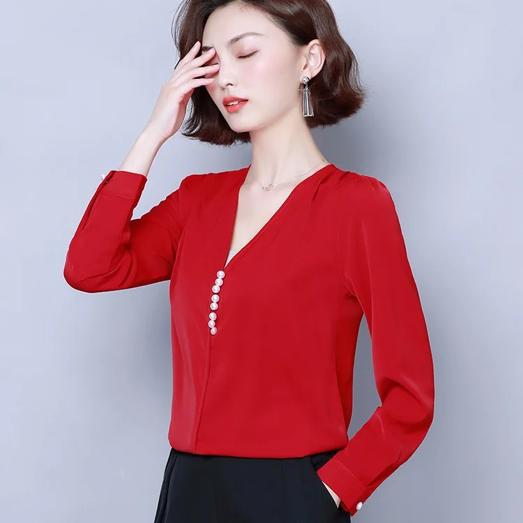 

Anqi Pull Chiffon Tops Long Sleeve 2019 Autumn New Style Fashion Collocation Loose Pants of Western Style Shirt V-neck Fashion