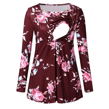 

Materniti Clothes Breastfeeding Clothes Pregnant Women Pregnant Nursing Maternity O-Neck Long Sleeve Printed Floral Blouse Tops