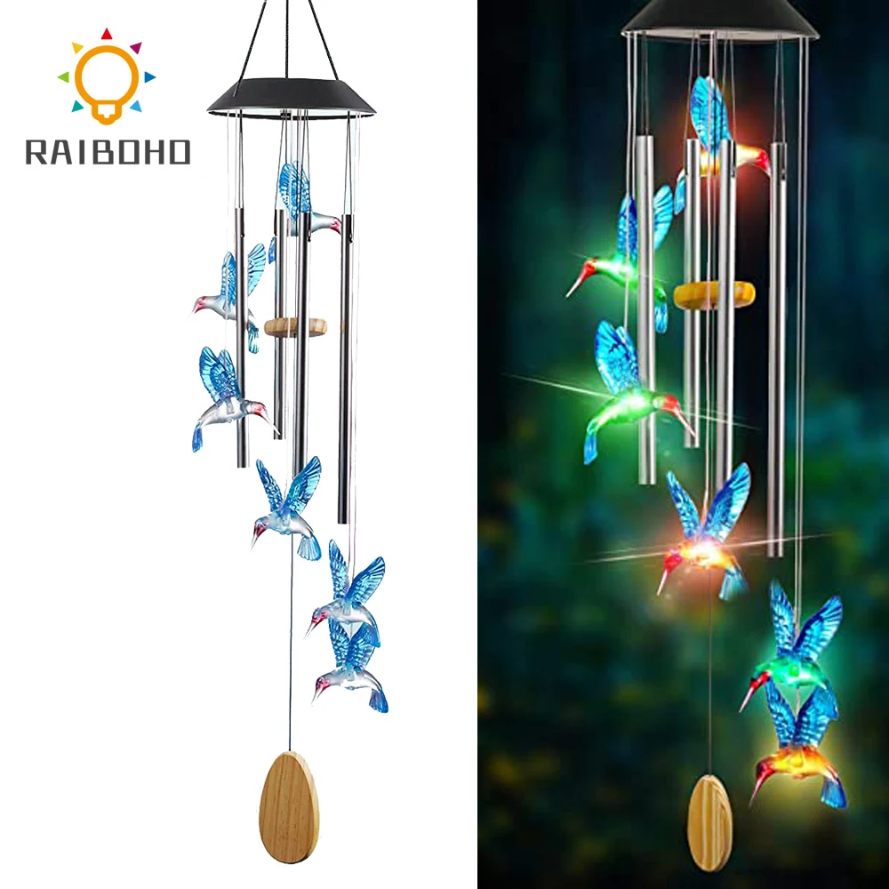 LED Solar Hummingbird Wind Chime Color Changing Waterproof Solar Outdoor  Hanging Light for Home Party Night Garden Decoration