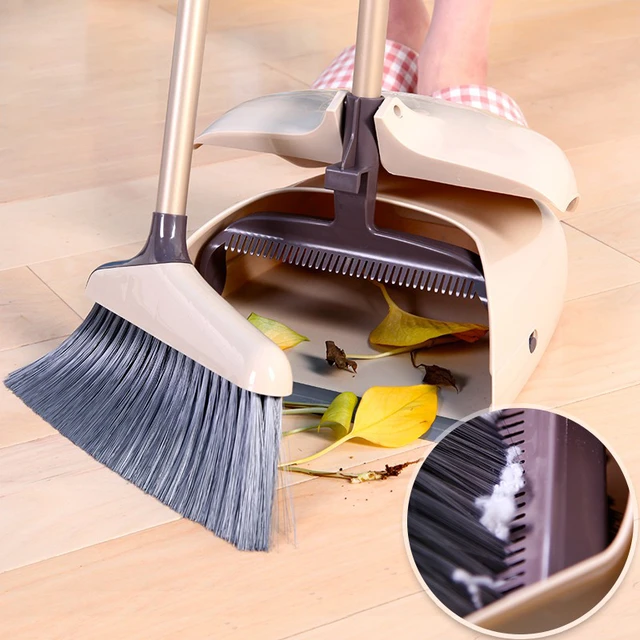 Broom and Dustpan Set for Home,Long Handle Broom with Upright Standing Dustpan,Broom and Dustpan Combo for Office Home Kitchen Lobby Floor Cleaning