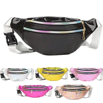 

3-Zipper Pocket Female Holographic Fanny Pack Pink Silver Sequined Waist Pack For Women Laser Chest Bum Hologram Bags