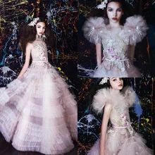 Сказочное платье с цветочным узором для девочек роскошное Пышное Платье для девочек, украшенное объемными цветочными аппликациями и перьями праздничная одежда на заказ