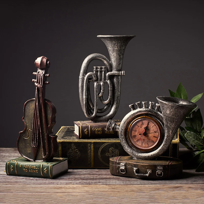 

Retro Musical Instrument Piggy Brank Clock Creative Home Decoration Living Room Office Desktop Ornaments Nostalgic Crafts Gift