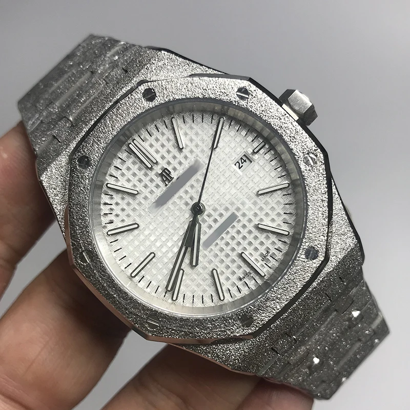 

5 colors Diamonds automatic Royal Frosted White Dial Oak mens 18k White Gold Watch Silver-tone hands Fixed bezel 42mm size glide