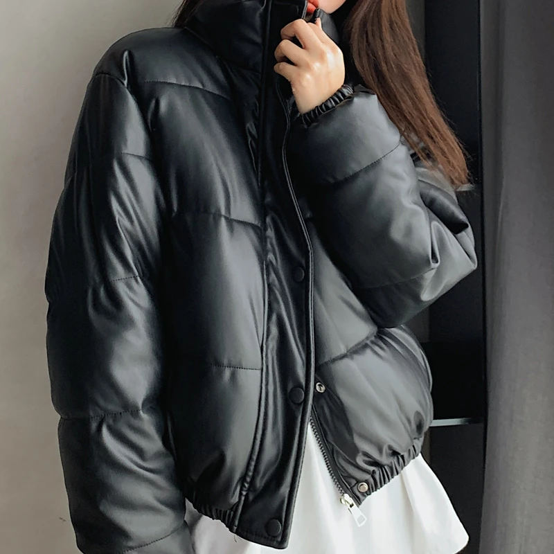 Parka corta gruesa y cálida para mujer, de Pu negro, elegante chaqueta de algodón con cremallera - AliExpress