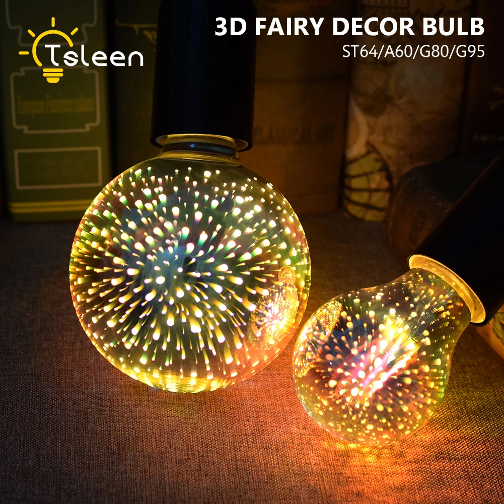 8Pcs Fireworks 3D Star Effect Night light LED Lamp E27 AC85V-265V Edison LED Bulb A60 ST64 G80 G95 Home Decoration Lighting