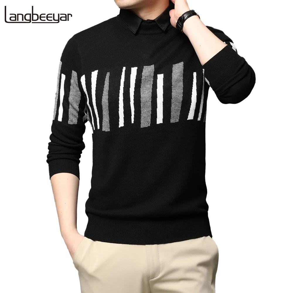 

2020 New Fashion High End Designer Knit Black Striped Wool Pullover Sweater Men Autum Winter Casual Jumper Mans Clothes