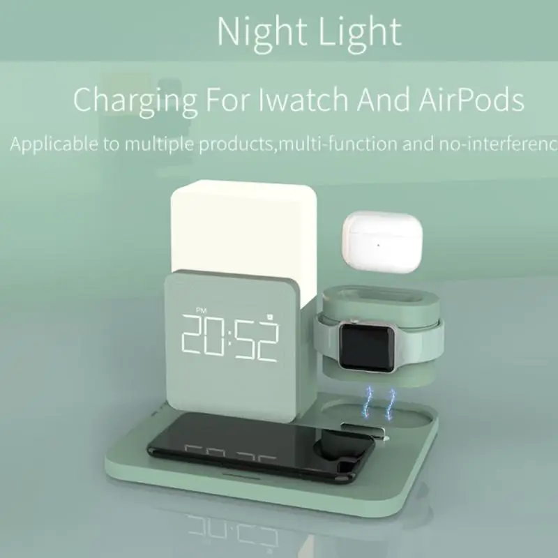 2021 Hot Wireless Charger Night Light With Clock  For Iphone Iwatch And Airpods 3 In 1 Charging Dock Mobile Phone Accessories