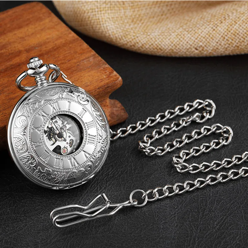 Gorben Fashion Silver Skeleton Transparent Mechanical Pocket Watch Antique Luxury Pendant Necklace Chain Unisex Gifts