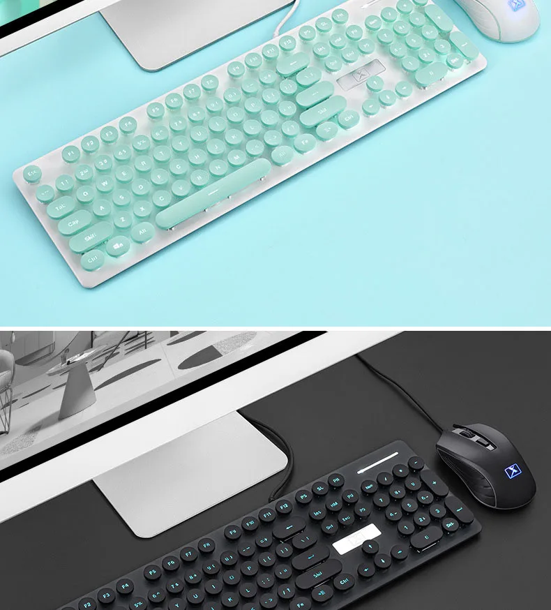 Розовый ретро Проводная игровая клавиатура и мышь комплект круглый Keycap стимпанк клавиатура мультимедийная Кнопка 1800 dpi Мышь для ПК ноутбука