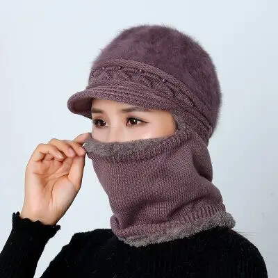 Женская шапка Skullies Beanies, зимняя шапка с жемчугом и кроличьим мехом, вязаная шапка, шарф, женские шапки для женщин, шерстяная шапочка, шапка, маска, шапка - Цвет: Leather purple