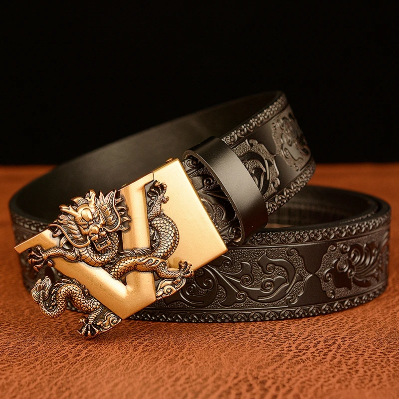 2021 New Arrivel Embossing Retro Technology Belts for Men Genuine Cowhide Leather Belt with V Dragon Pattern Automatic Buckle