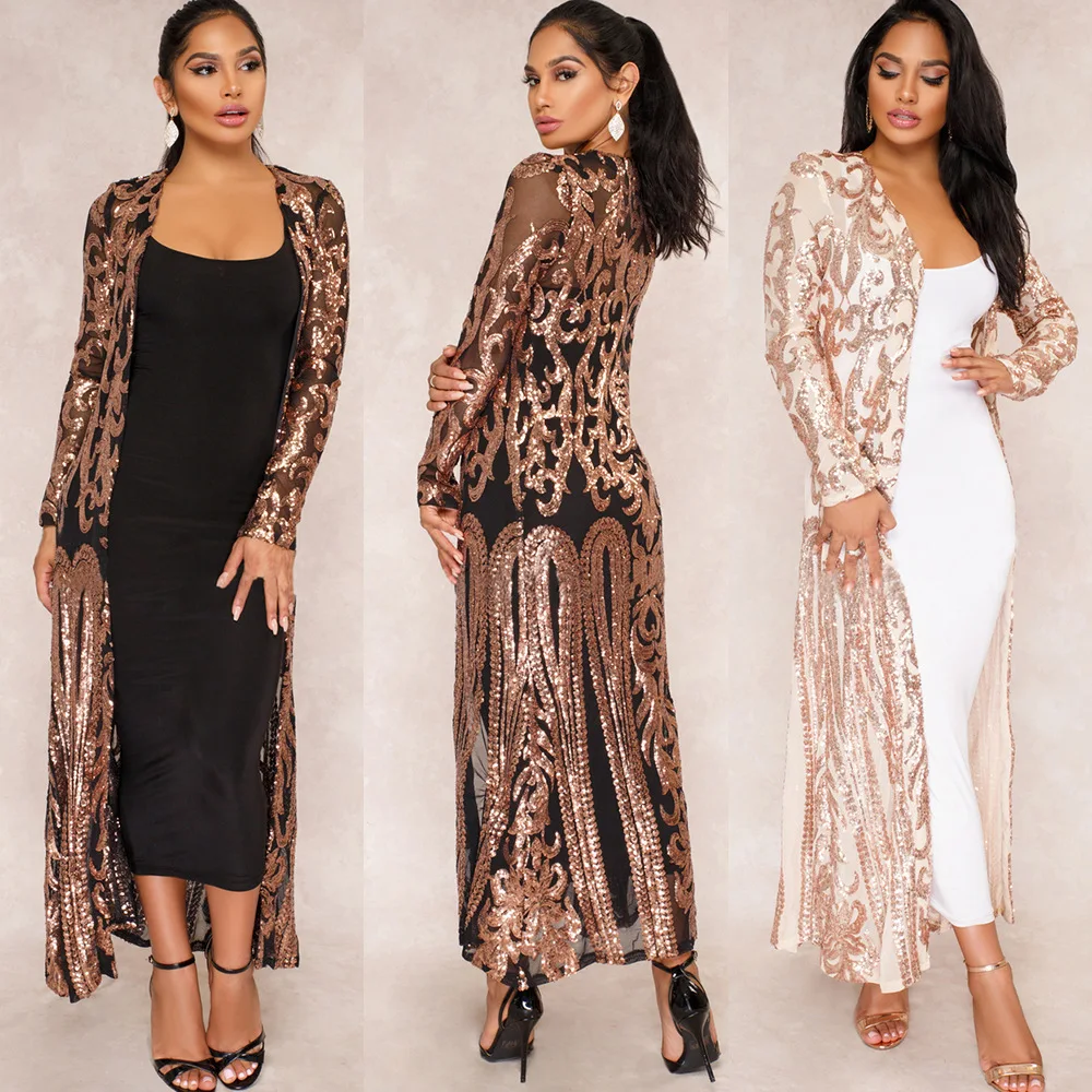 sexy women metallic sequin dress sheer mesh с длинным рукавом с высоким вырезом bodycon party club dress gold 2024 Sequin Jacket Women's Sexy Cardigan Halloween Party Festival Embroidery Perspective Fashion Mesh Beach Dress Long Coat