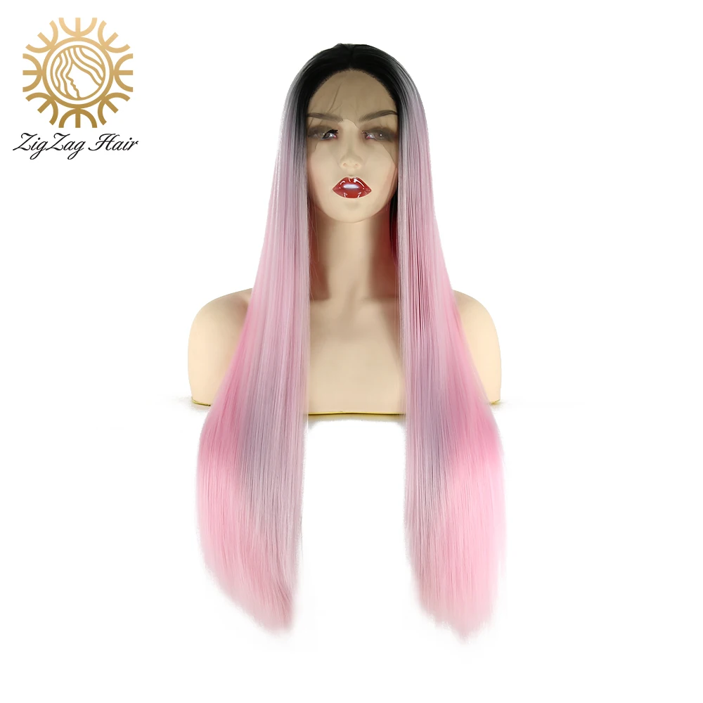 

ZigZag Black Ombre Light Pink Glueless Synthetic Lace Front Wig for Black Women Long Straight Heat Resistant Fiber Middle Part