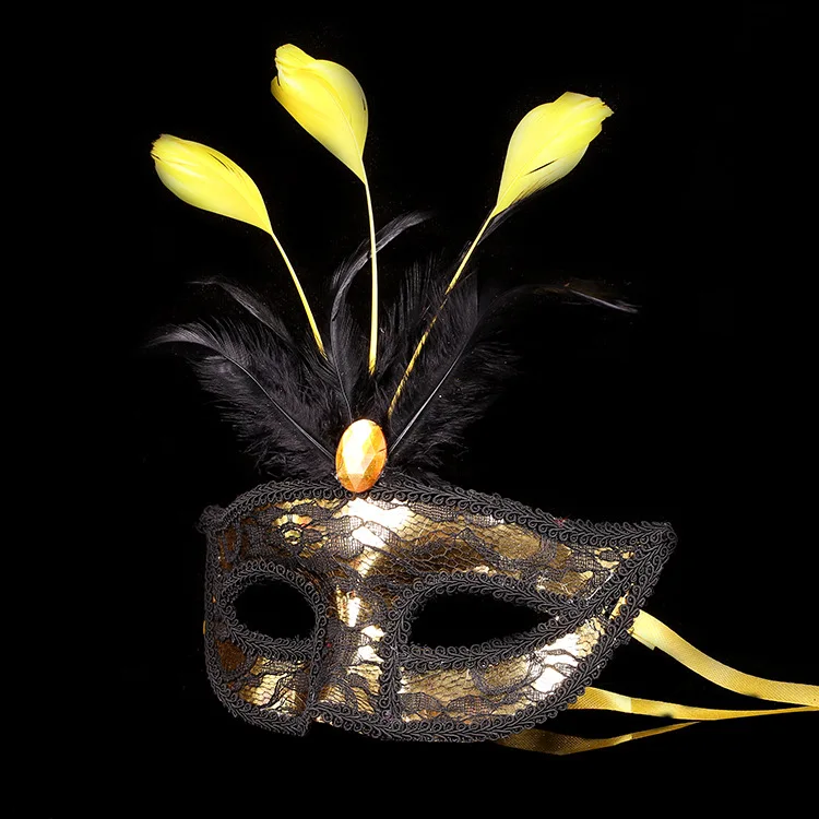 Новая Маскарадная маска золотого, розового, черного, красного цвета, кружевная Венецианская маска с перьями, Свадебный танец косплей, карнавальный костюм Вечерние Маски-18*25 см - Цвет: Золотой