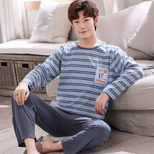 Осенняя Пижама для мужчин, костюм для сна, трикотажная Хлопковая полосатая Пижама Hombre, Повседневная Мягкая пижама с длинными рукавами, большие размеры, Мужская пижама