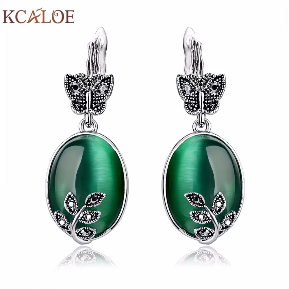 KCALOE, большой натуральный камень, Зеленый Опал, ювелирные наборы, античный черный лист с кристаллами стразами, кулон и ожерелье, серьги, кольцо