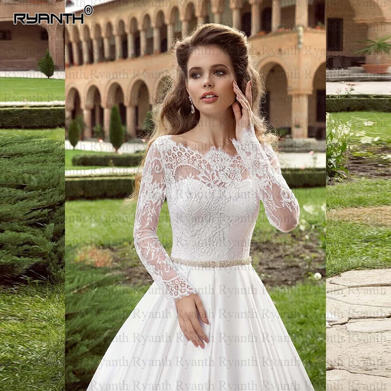 Robe de mariee романтическое кружевное атласное свадебное платье с длинными рукавами и карманами Свадебные платья с поясом со стразами на заказ