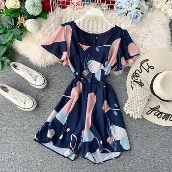 

NiceMix 2020 Bohemian Style Summer Women Beach Rompers White/Blue Short Sleeve Print Square Collar High Waist Boho Jumpsuit