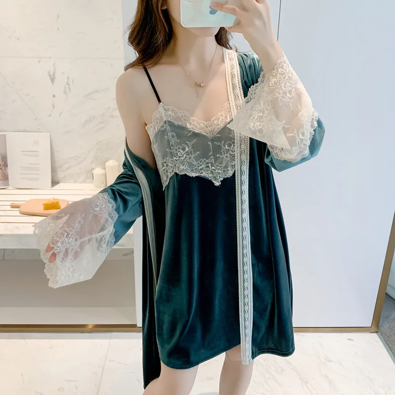 

Lace Floral 2PCS Women Robe Sets Bride Velour Dressing Kimono Gown Sexy Strap Top Nightdress Bathrobe Autumn Lingerie Home Wear