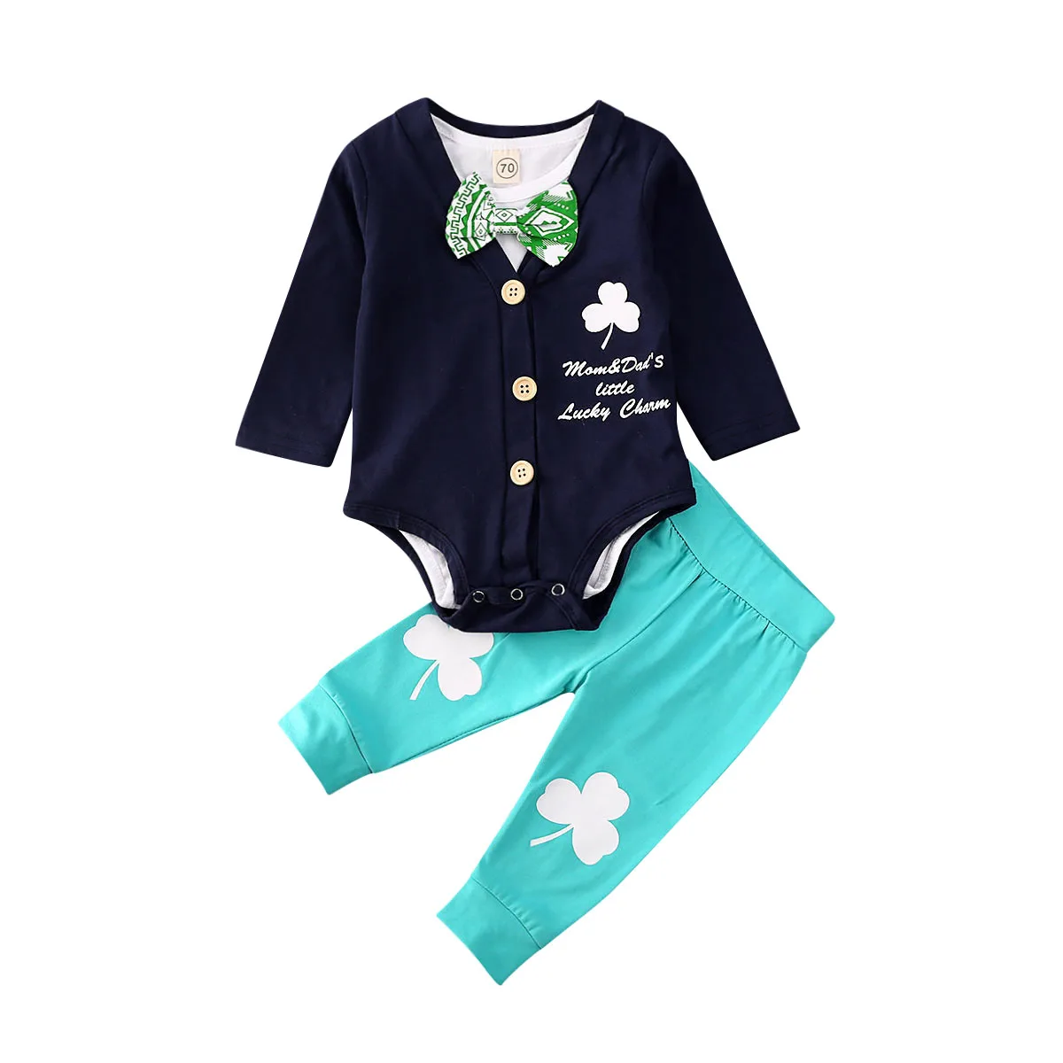 Pudcoco/комплект одежды для малышей от 0 до 24 месяцев, одежда для маленьких джентльменов для маленьких мальчиков комбинезон с изображением клевера на день Патрика, комплект из топа и штанов - Цвет: Тёмно-синий